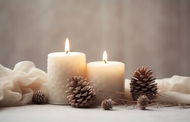 Fototapeta na wymiar A brightly lit candle, decorated with pine flowers beside it, can be used as a background for greeting cards, posters, banners, and more.