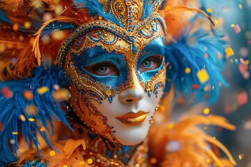 Mardi Gras Masked Marvel: A Vibrant Face-Painted Face Generative AI - obrazy, fototapety, plakaty