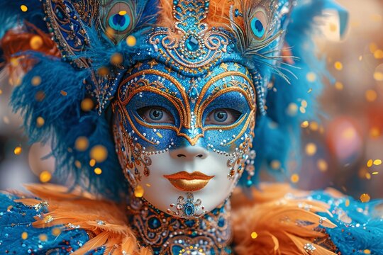 Mardi Gras Masked Marvel: Blue, Gold, and Orange Feathers Adorn a Face Generative AI