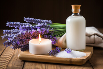 Obraz na płótnie Canvas relaxing aromatherapy treatment,still life of folded fluffy towels,sea salt,candles and lavender twigs,on a wooden base,the concept of the spa industry