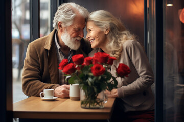 an elderly couple in love,sitting in a cafe,celebrating valentine's day or wedding anniversary ,the concept of family values,,tourism,valentine's day,positive aging