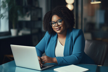 a plump black woman of plus-size, a manager, in blue business clothes sits at a table with a laptop in a modern office and smiles sweetly, the concept of diversity - obrazy, fototapety, plakaty