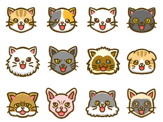 Obraz premium かわいい猫の顔アイコンイラスト素材セット