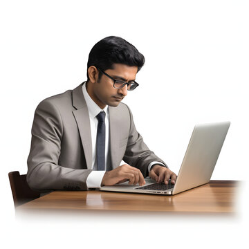 Young indian entrepreneur opening a business account at a bank isolated on white background, hyperrealism, png
