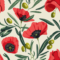 Poppy flowers and olives pattern.