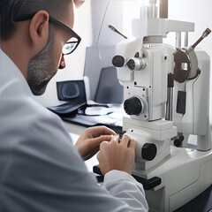 Assessing Vision Health: A Proficient Optometrist Performing an Eye Examination Using Modern Ophthalmic Equipment