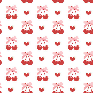 cute coquette aesthetic pattern seamless red cherries with pink ribbon bow isolated on white background
