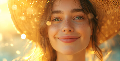 Woman smiling at the camera. A joyful woman with a captivating smile and expressive eyebrows, radiating confidence and beauty, wearing a stylish hat and showcasing flawless skin in a stunning portrait