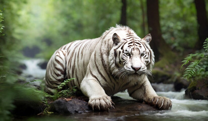 White siberian tiger on water, in forest. Dangerous animal. Animal in a green forest stream.