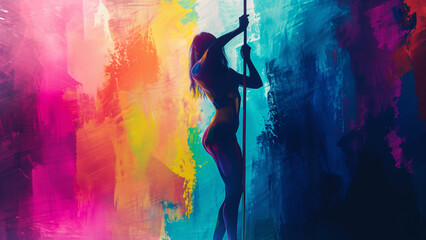 Glowing Grace: A Neon Watercolor Portrait of a Pole Dancer - obrazy, fototapety, plakaty