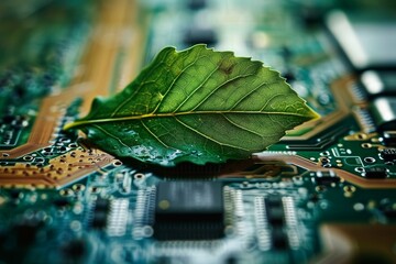 Green leaf on computer circuit board, eco-friendly technology, sustainable computing, environment conservation, Generative AI