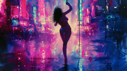 Obraz premium Neon Luminescence: A Watercolor Rendition of a Pole Dancer