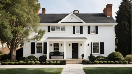 english country house with garden, White house with black front door, tree, and bench