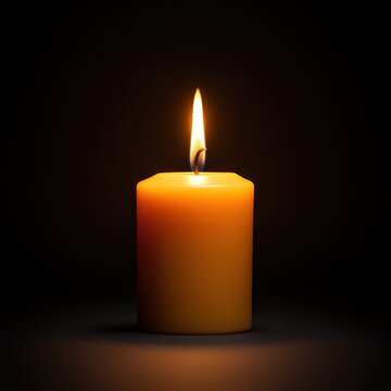 A burning yellow candle in front of a black background. generative AI