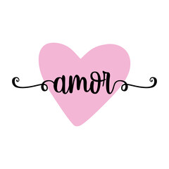 Logo del día de San Valentín. Silueta de corazón con palabra en texto manuscrito amor en español con raya de decoración de caligrafía © teracreonte