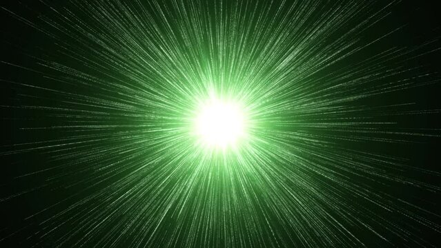 Bright light with green rays and particles moving on dark background. Can be used horizontally and vertically with the Add or Screen blending modes.