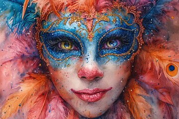 Mardi Gras Masked Marvel: Colorful Face Paint and Eye Makeup Generative AI - obrazy, fototapety, plakaty