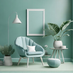 Creative interior design in green studio with plant pot and armchair. Pastel blue and white. Generative AI.