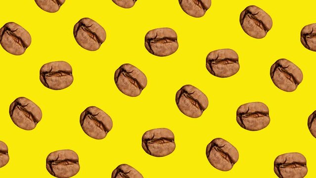 Fresh roasted coffee beans isolated over yellow background. Pattern of coffee. Stop motion, animation. Contemporary art. Concept of popular drink, abstract art, creativity, color, taste. Poster, ad
