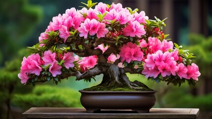 A close-up shot of an Azalea Bonsai (Rhododendron spp.) showcasing vibrant pink blooms and lush green foliage.