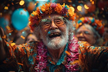 Flower-Crowned Grandpa Gets Down with the Neon-Fueled Party Vibe Generative AI