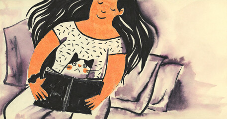 Naklejka na ściany i meble A girl with a cat. A doodle-style sketchbook drawing.