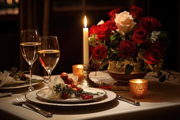 Obraz na płótnie Canvas Candle-lit Dinner: Arrange flowers as if they're part of a romantic candle-lit dinner setup.