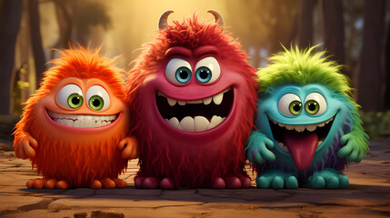 A group of three cartoon monsters sitting next to each other