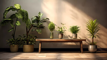 A group of three different types of plants in a room with a bench and a table with a plant on it - obrazy, fototapety, plakaty