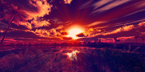 oasis sunset landscape background illustration - obrazy, fototapety, plakaty