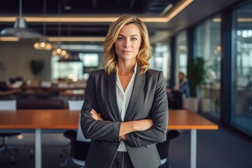 Female CEO of major tech groundbreaking and famous company. Blonde entrepreneur with arms crossed over chest poses for photo showing confidence