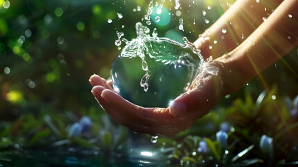 Hands hold water globe, nurturing nature, World Water Day. Safeguarding water, splash in hand, World Water Day homage. Caring for water, hand holding water sphere, environmental steward