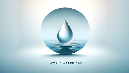World Water Day banner with water drop on serene water. Symbolic water drop, World Water Day message. Calm water with droplet, World Water Day theme - obrazy, fototapety, plakaty
