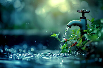 Running tap with plants, World Water Day. Eco-friendly water use, tap in nature, sustainability. Water from tap nurturing life, conservation call - obrazy, fototapety, plakaty