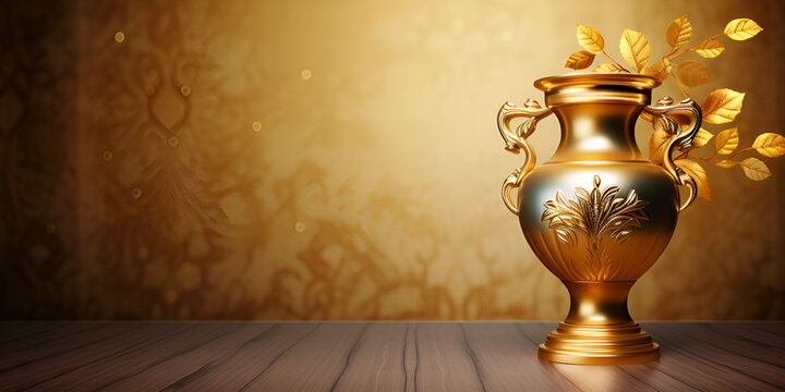 Artisanal Elegance: Handcrafted Golden Vase with Wooden Base
