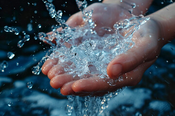 Fototapeta premium Hands catching pure water, World Water Day. Preserving water, hands and splash, sustainability. Saving water concept. Water conservation act, hands with drops, awareness