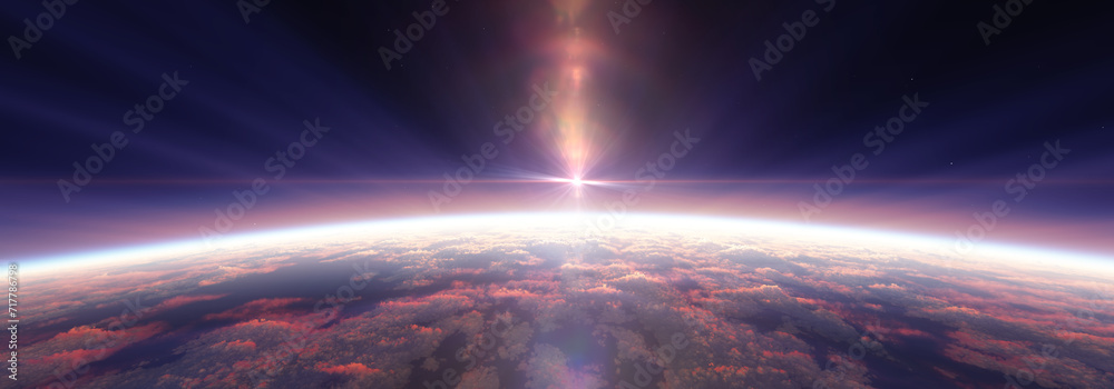 Wall mural earth sunrise from space over cloudy ocean. 3d rendering