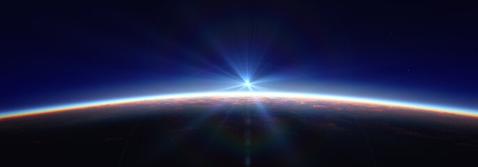 Earth sunrise from space over cloudy ocean. 3d rendering