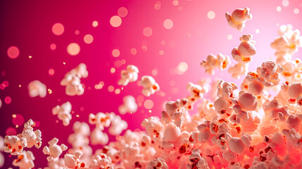 Exploding popcorn against a vibrant pink bokeh background, capturing the dynamic motion and festive vibe