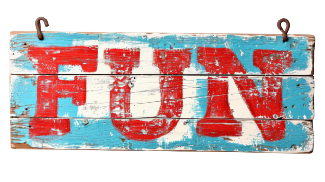 Painted Wooden Sign Fun Isolated on Transparent or White Background, PNG