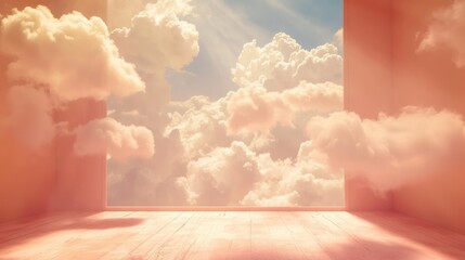 Generative AI, peach fuzz color fantastic 3d clouds in the room interior, sky and landscape. Gentle colors and with bright lights
 - obrazy, fototapety, plakaty