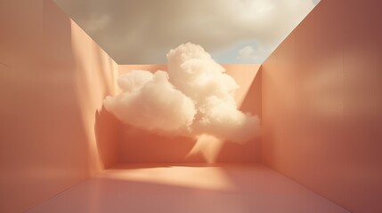 Generative AI, peach fuzz color fantastic 3d clouds in the room interior, sky and landscape. Gentle colors and with bright lights
