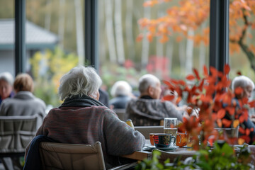 Group of old people eating in a retirement home - obrazy, fototapety, plakaty