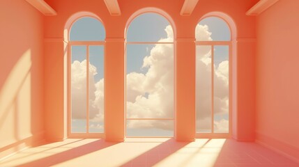 Generative AI, peach fuzz color fantastic 3d clouds in the room interior, sky and landscape. Gentle colors and with bright lights
