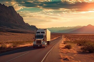 Majestic scene capturing a transport semi-truck effortlessly crossing the expansive terrain of the southwest United States, a representation of logistics, freight and delivery, Generative AI - obrazy, fototapety, plakaty