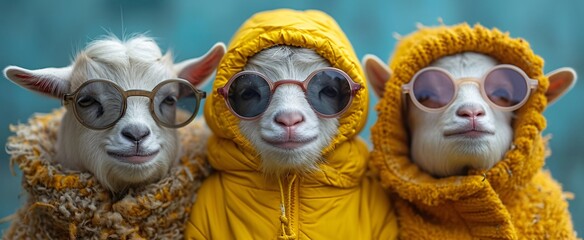 Fashionable Flock: Sheep in Yellow Coats and Sunglasses Generative AI