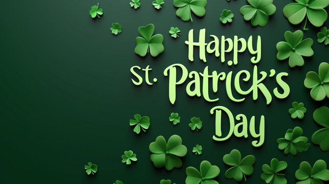 Green background with clover leaves and the inscription "Happy St. Patrick's Day", holiday greeting card, poster or cover