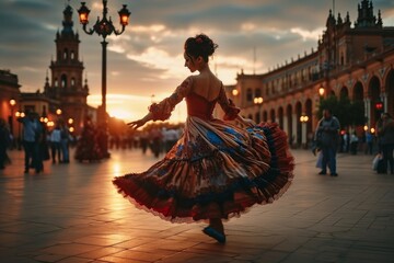 Flamenco dancer performing passionately in city square at sunset, traditional Spanish dance,...