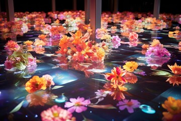 Fototapeta na wymiar Dynamic Dance Floor: Arrange flowers on a reflective surface, like a dance floor.
