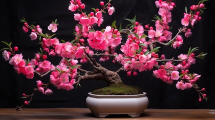 A close-up shot of Cherry Plum Bonsai branches laden with vibrant pink blossoms against a backdrop of lush green foliage.